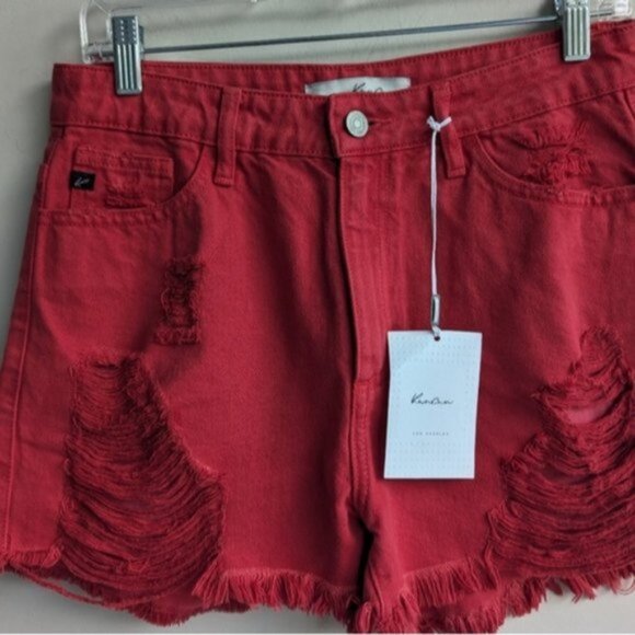 KanCan red distressed 100% cotton high rise denim shorts - Picture 3 of 7
